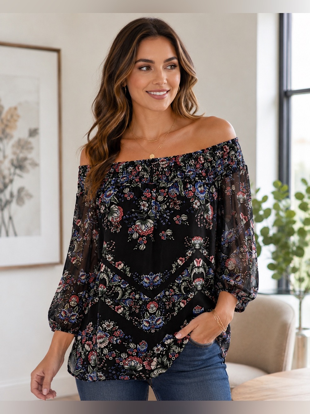 I.N. Studio Black Floral Off Shoulder Boho Peasant Top Sheer Sleeves Size L